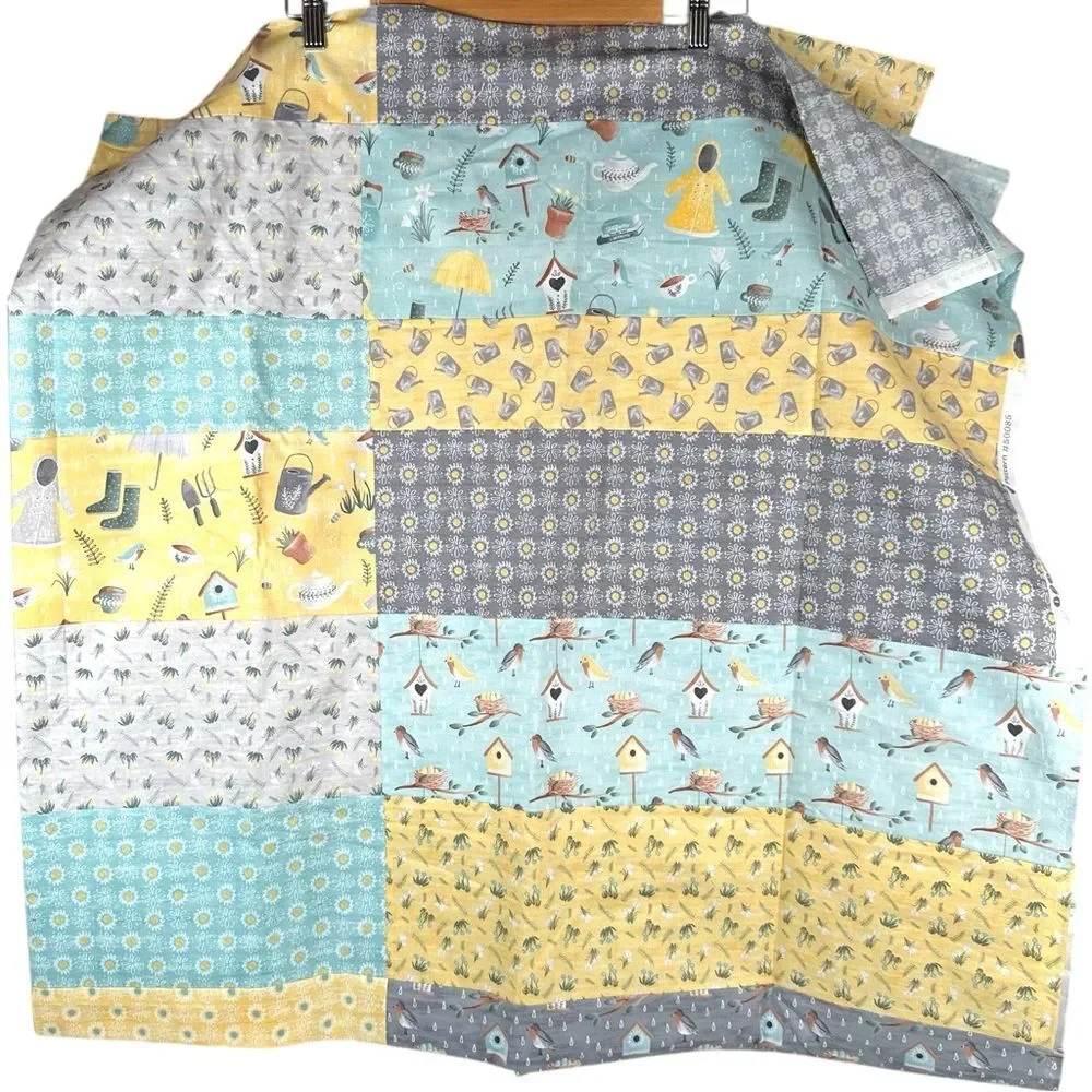 Handmade Large yellow gray blue Spring garden Print Bedroom Decor Quilt topper
